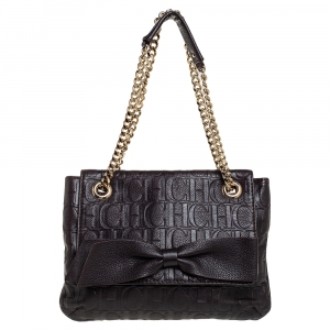 Pre Owned Carolina Herrera Dark Brown Monogram Leather Audrey Shoulder Bag