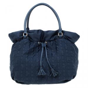 Pre Owned Carolina Herrera Navy Blue Monogram Nylon Drawstring Tote