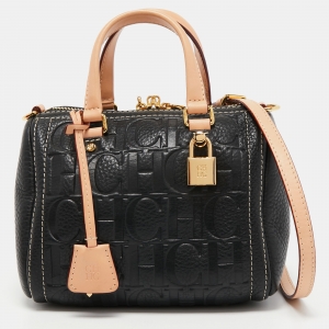 Pre Owned Carolina Herrera Black/Beige Monogram Embossed Leather Mini Andy Boston Bag