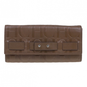 Pre Owned Carolina Herrera Brown Monogram Embossed Contential Flap Wallet