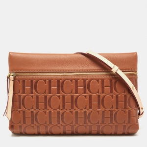 Pre Owned Carolina Herrera Brown Signature Embossed Leather Zip Crossbody Bag