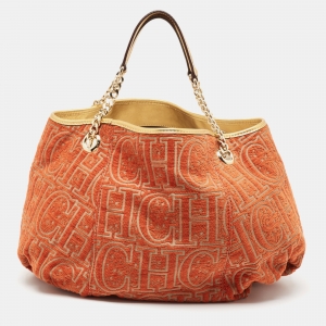 Pre Owned Carolina Herrera Orange/Beige Monogram Fabric and Leather Chain Tote
