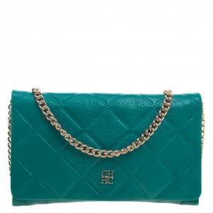 Carolina Herrera Green Quilted Embossed Leather Chain Clutch