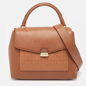 Carolina Herrera Brown Monogram Embossed Leather Push Lock Top Handle Bag