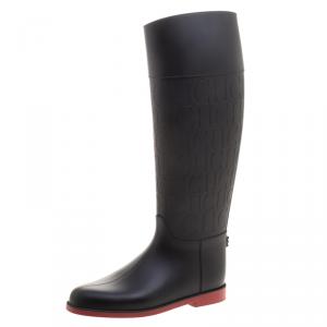Pre Owned Carolina Herrera Black CH Embossed Rubber Rain Boots Size 37