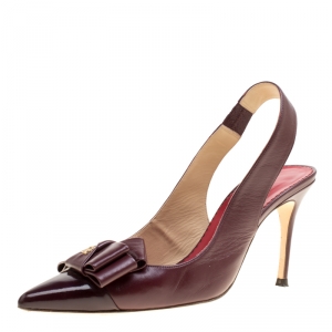Carolina Herrera Burgundy Leather Bow Detail Pointed Toe Slingback Sandals Size 40