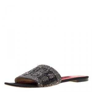 Pre Owned Carolina Herrera Grey/Black Crystal Embellished Mar de Slides Size 39