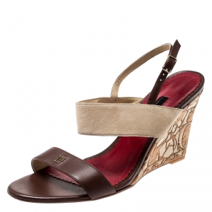 Pre Owned Carolina Herrera Two Tone Leather/Suede Ankle Strap Wedge Sandals Size 38
