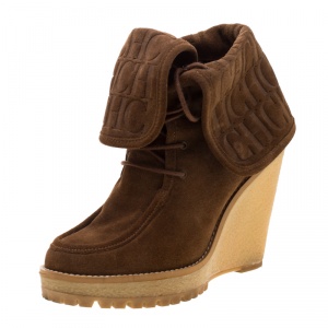 Pre Owned Carolina Herrera Brown Suede Wedge Heel Ankle Boots Size 37