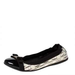 Pre Owned Carolina Herrera Tri Color Monogram Coated Canvas and Leather Cap Toe Bow Ballet Flats Size 37