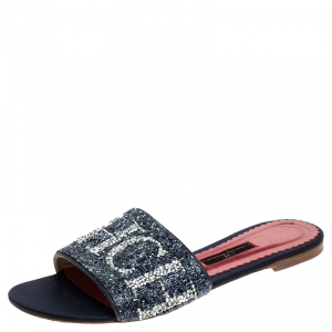 Carolina Herrera Tri Color Logo Satin Mar de Cristal Flat Slides Size 39