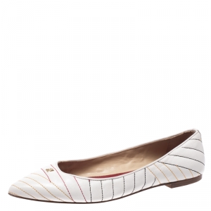 حذاء فلات باليه كارولينا هيريرا مقدمة مدببة تفاصيل خياطة جلد أبيض مقاس 39