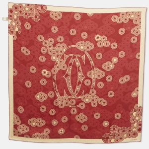Pre Owned Cartier Red Silk Printed Sqaure Scarf