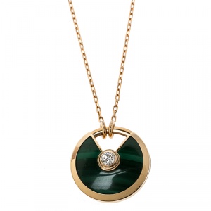 Pre Owned Cartier Amulette de Cartier Malachite & Diamond 18k Rose Gold Pendant Necklace SM