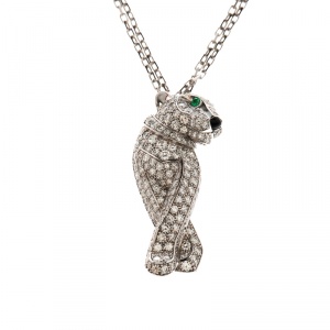 Pre Owned Cartier Panthere De Cartier Diamond Emerald & Onyx 18k White Gold Pendant Necklace 