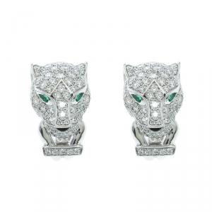 Pre Owned Cartier Panthere De Cartier Diamond Emerald & Onyx 18k White Gold Earrings 