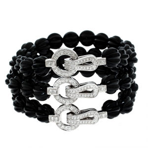 Pre Owned Cartier Agrafe Carved Onyx Beads Diamond 18k White Gold 3 Row Bracelet