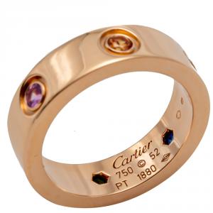 Pre Owned Cartier Love Multi Color Stone Rose Gold Ring Size 52