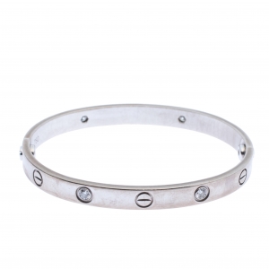 Pre Owned Cartier Love 4 Diamonds 18K White Gold Bangle Bracelet Size 17