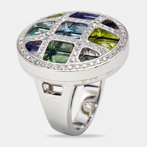 Pre Owned Cartier Pasha de Cartier Multi Gemstone 18k White Gold Cocktail Ring Size 53