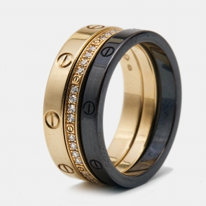 Pre Owned Cartier Love Diamond Ceramic 18k Rose Gold 3 Ring Set Size 53