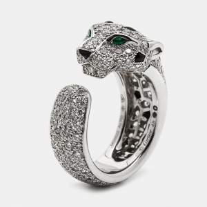 Pre Owned Cartier Panthere De Cartier Diamond Onyx Emerald 18K White Gold Cocktail Ring Size 48