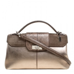 Cartier Dark Beige Leather and Python Classic Feminine Line Top Handle Bag