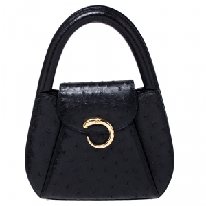 Pre Owned Cartier Black Ostrich Leather Panther Logo Satchel