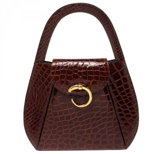 Pre Owned Cartier Brown Crocodile Panther Logo Satchel with Wallet 