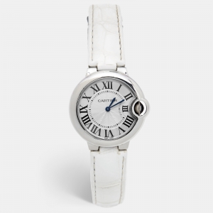 Pre Owned Cartier Silver Stainless Steel Alligator Leather Ballon Bleu W6920086 Women's Wristwatch 33 mm
