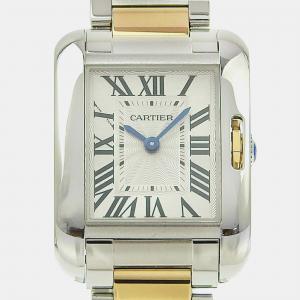 Cartier Silver 18k Yellow Gold Stainless Steel Tank Anglaise W5310046 Quartz Women's Wristwatch 22 mm