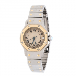 Pre Owned Cartier Cream 18K yellow Gold Stainless Steel Santos de Cartier 187903 Women's Wristwatch 24 mm