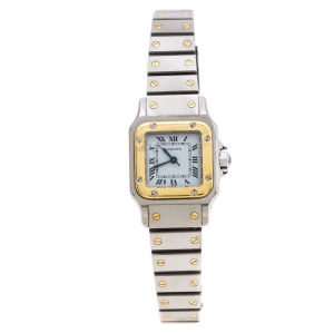 Pre Owned Cartier White Stainless Steel 18K Yellow Gold Santos Galbée Women's Wristwatch 24 mm