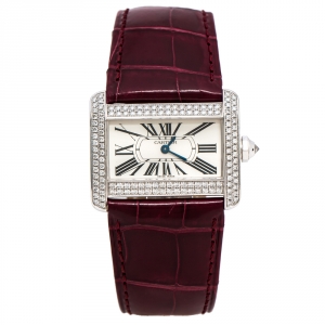 Pre Owned Cartier Silver 18K White Gold Diamond Leather Tank Divan 2613 Women's Wristwatch 31.50 mm