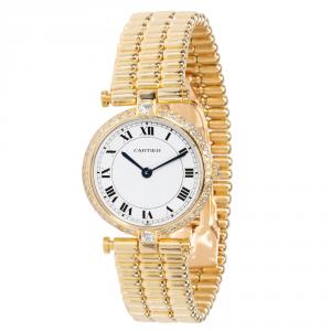 Pre Owned Cartier White 18K Yellow Gold Diamond Vendome L.C. 8107 Women's Wristwatch 24MM