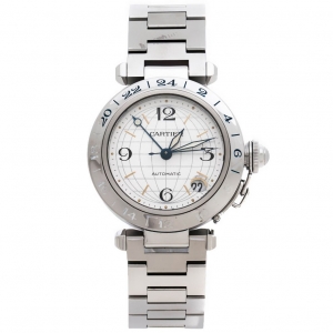Pre Owned Cartier Silver Stainless Steel Pasha De Cartier GMT 2377 Women's Wristwatch 35 mm