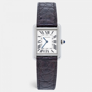 Pre Owned Cartier Silver Stainless Steel Alligator Leather Tank Solo 3170 Women's Wristwatch 24 mm