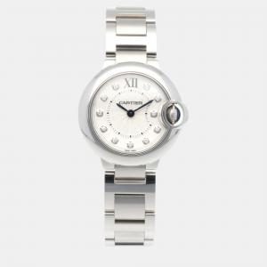 Cartier Silver Stainless Steel Diamond Ballon Bleu WE902073 Quartz Women's Wristwatch 28 mm