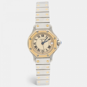 Pre Owned Cartier Cream 18k Yellow Gold Stainless Steel Santos de Cartier 187903 Women's Wristwatch 25 mm