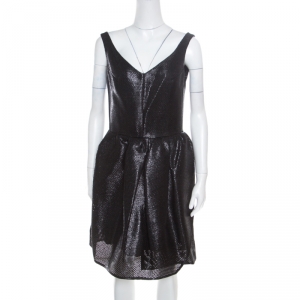 Carven Black Metallic Noir Cotton Blend Textured V Neck Cocktail Dress M