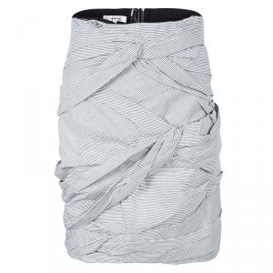 Carven Grey and White Striped Cotton Ruched Skirt L
