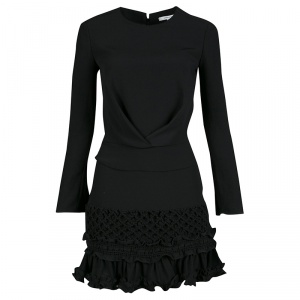 Carven Black Moroccan Crepe Ruffled Bottom Long Sleeve Dress S