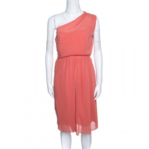 Carven Poppy Orange Crepe Gathered One Shoulder Dress M