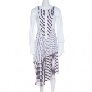 Carven White Multi Striped Cotton Paneled Asymmetric Hem Midi Dress L