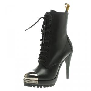 Pre Owned Casadei Black Leather Metal Cap Toe Lace Up  Boots Size 37.5