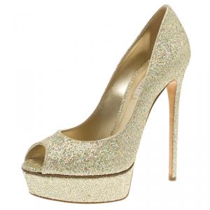 Pre Owned Casadei Glitter Lamé Fabric Peep Toe Platform Pumps Size 41