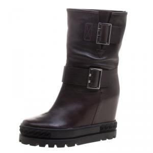 Pre Owned Casadei Dark Brown Leather Wedge Boots Size 40