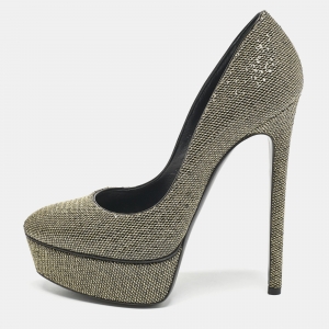 Casadei Black/Gold Glitter and Lamé Fabric Daisy Platform Pumps Size 38