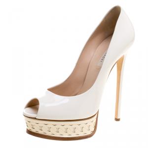 Pre Owned Casadei Off White Patent Leather Platform Peep Toe Pumps Size 40