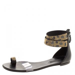Casadei Two Tone Crystal Embellished Ankle Cuff and PVC Vinil Flat Sandals Size 40